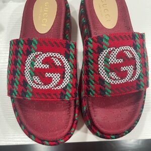 Gucci Red and Green Checkered Slides FASHION